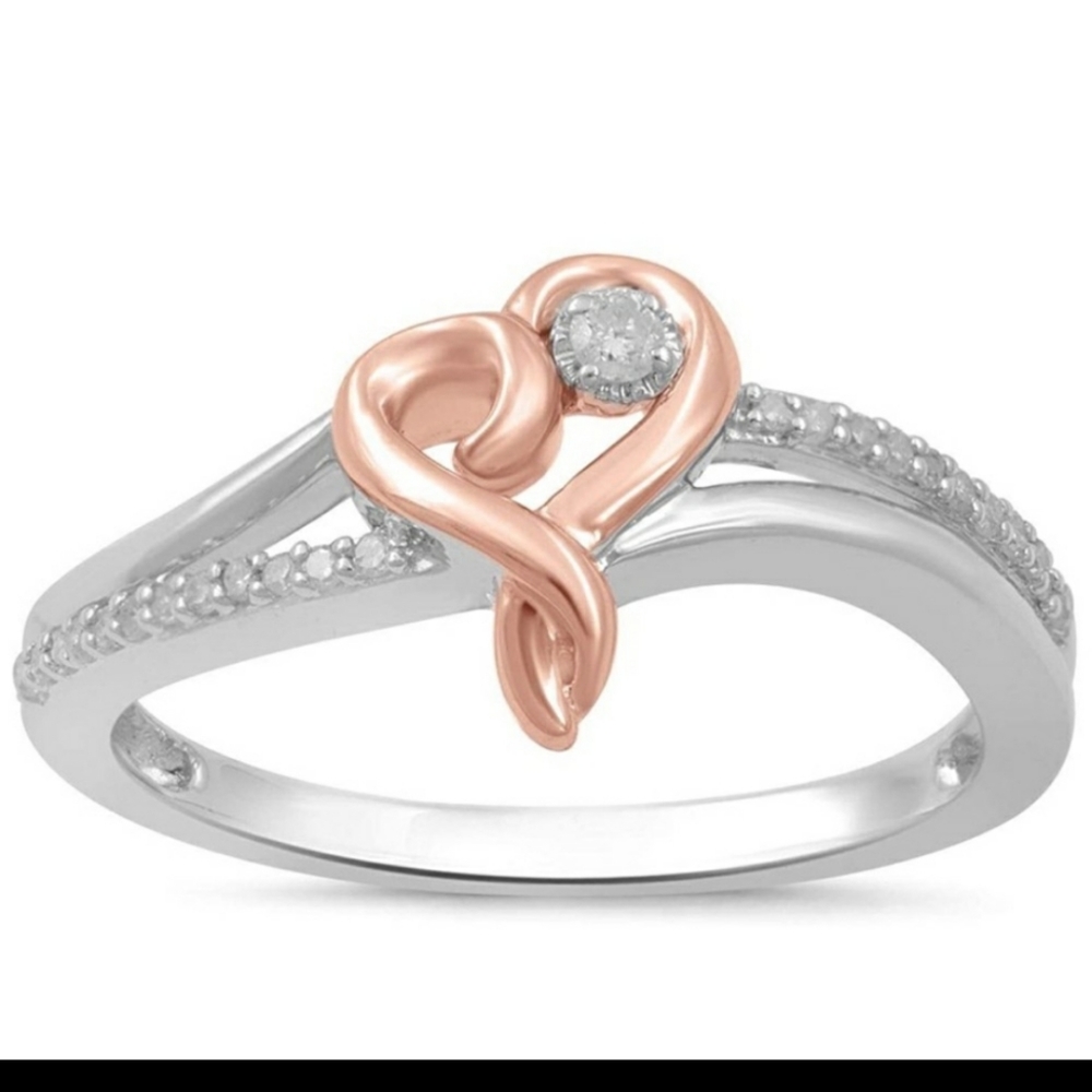 SOLD Kay Jewelers Diamond Sterling Rose Gold Heart Ring. SZ 7 - Picture 2 of 11